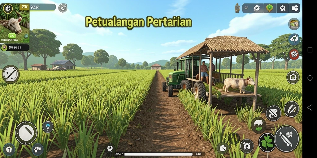 Gameplay 9ZK dengan kebun yang indah dan beragam tanaman.