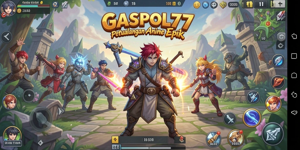 Tampilkan momen seru dari gameplay GASPOL77 yang menampilkan pertarungan karakter Anime.