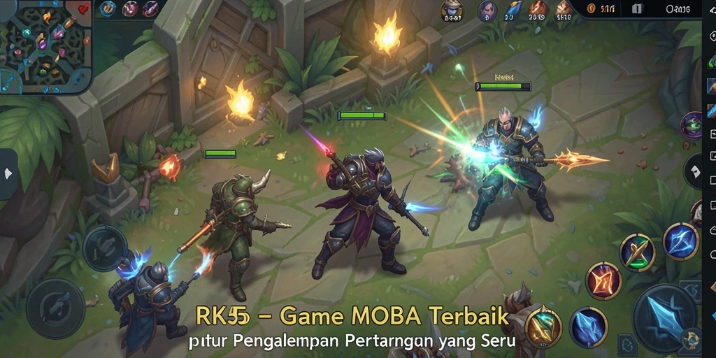 Screenshot utama RK55 menampilkan aksi seru dalam pertarungan MOBA.
